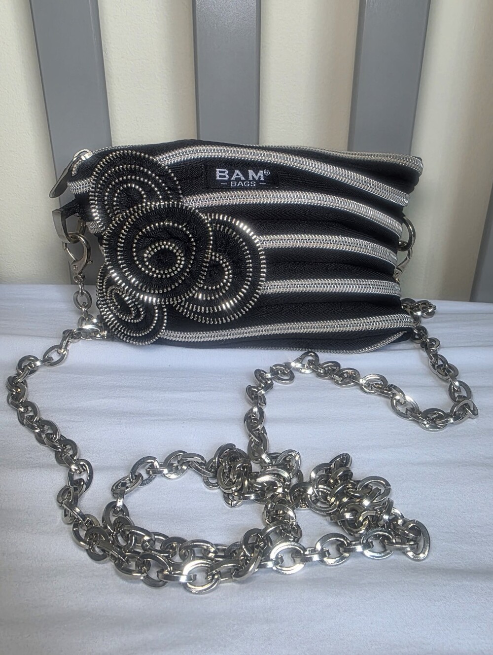 Bam Bags Black Zipper Crossbody With Flower Decal And Silver Chain